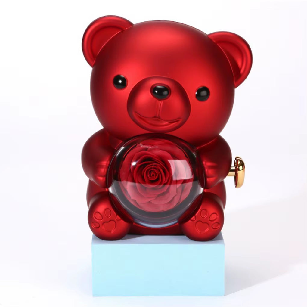 Custom Engraved Name Necklace Teddy Bear Eternal Rose Gift Box with Rotate Rose Jewelry Box for Girl Valentines Christmas Gifts