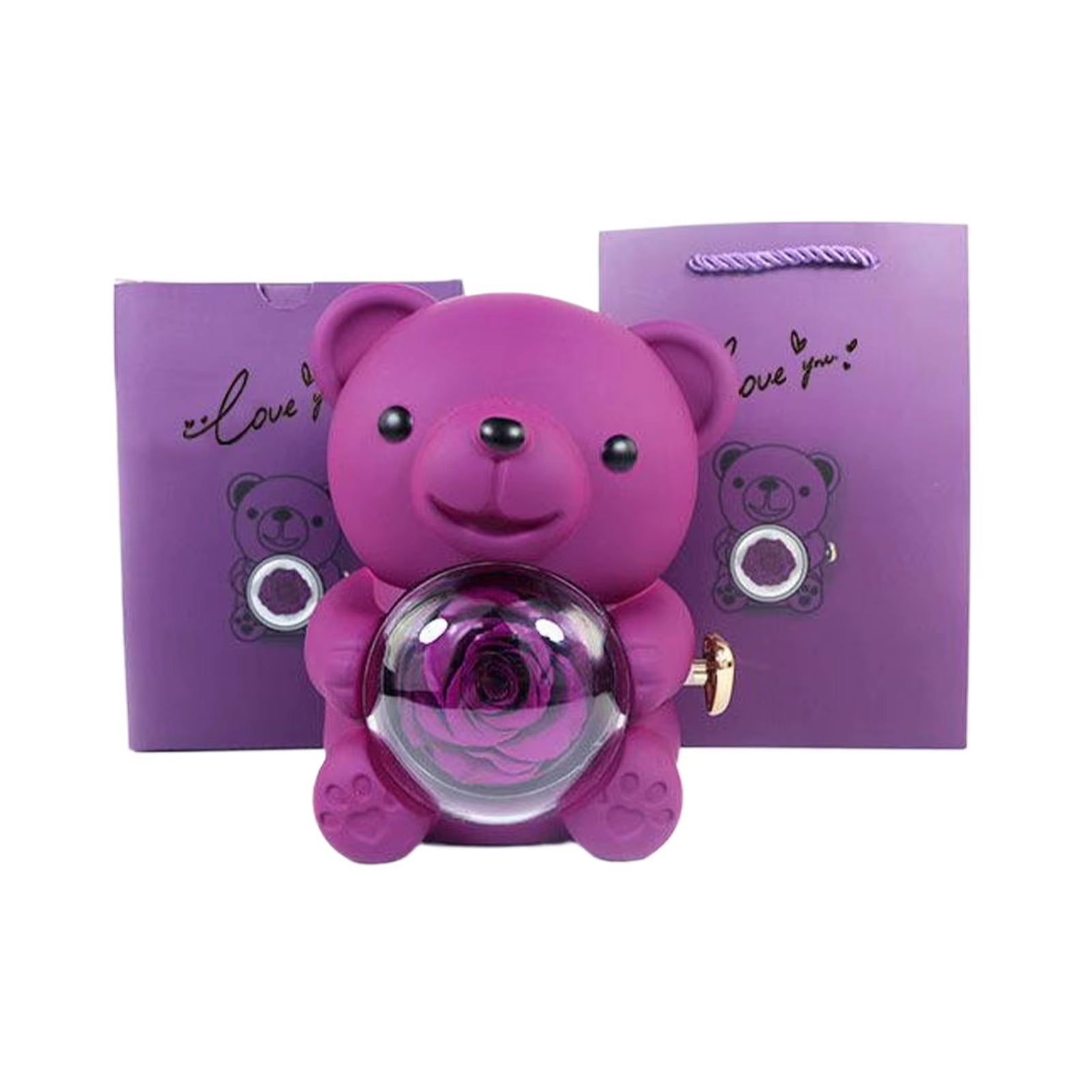 Custom Engraved Name Necklace Teddy Bear Eternal Rose Gift Box with Rotate Rose Jewelry Box for Girl Valentines Christmas Gifts