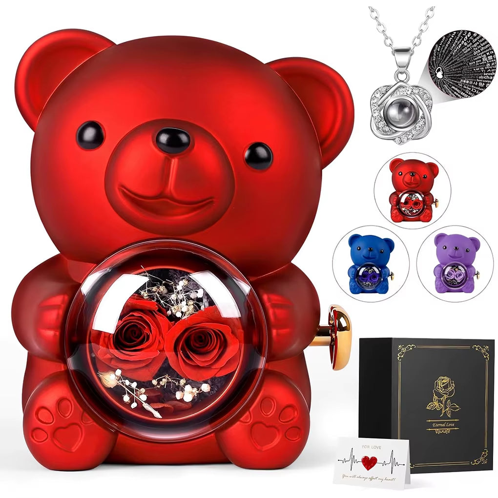 Custom Engraved Name Necklace Teddy Bear Eternal Rose Gift Box with Rotate Rose Jewelry Box for Girl Valentines Christmas Gifts