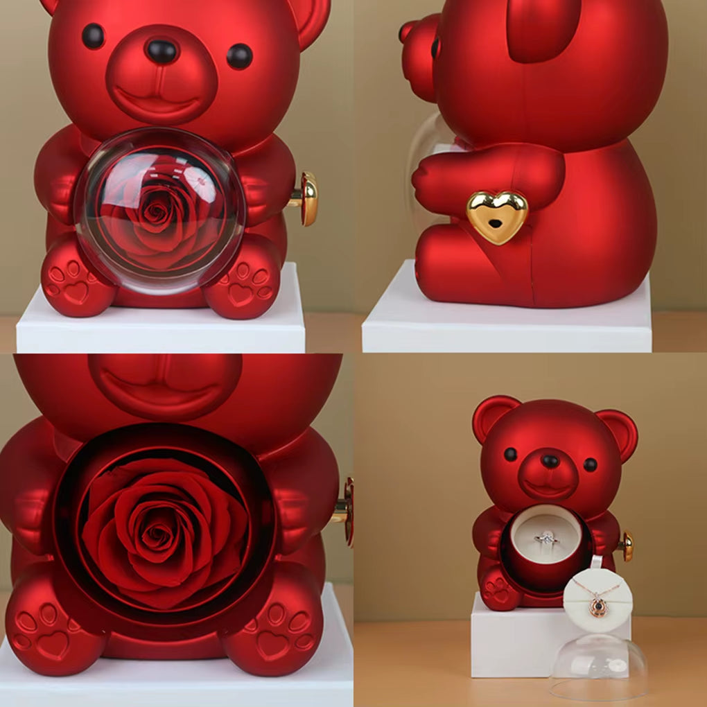 Custom Engraved Name Necklace Teddy Bear Eternal Rose Gift Box with Rotate Rose Jewelry Box for Girl Valentines Christmas Gifts
