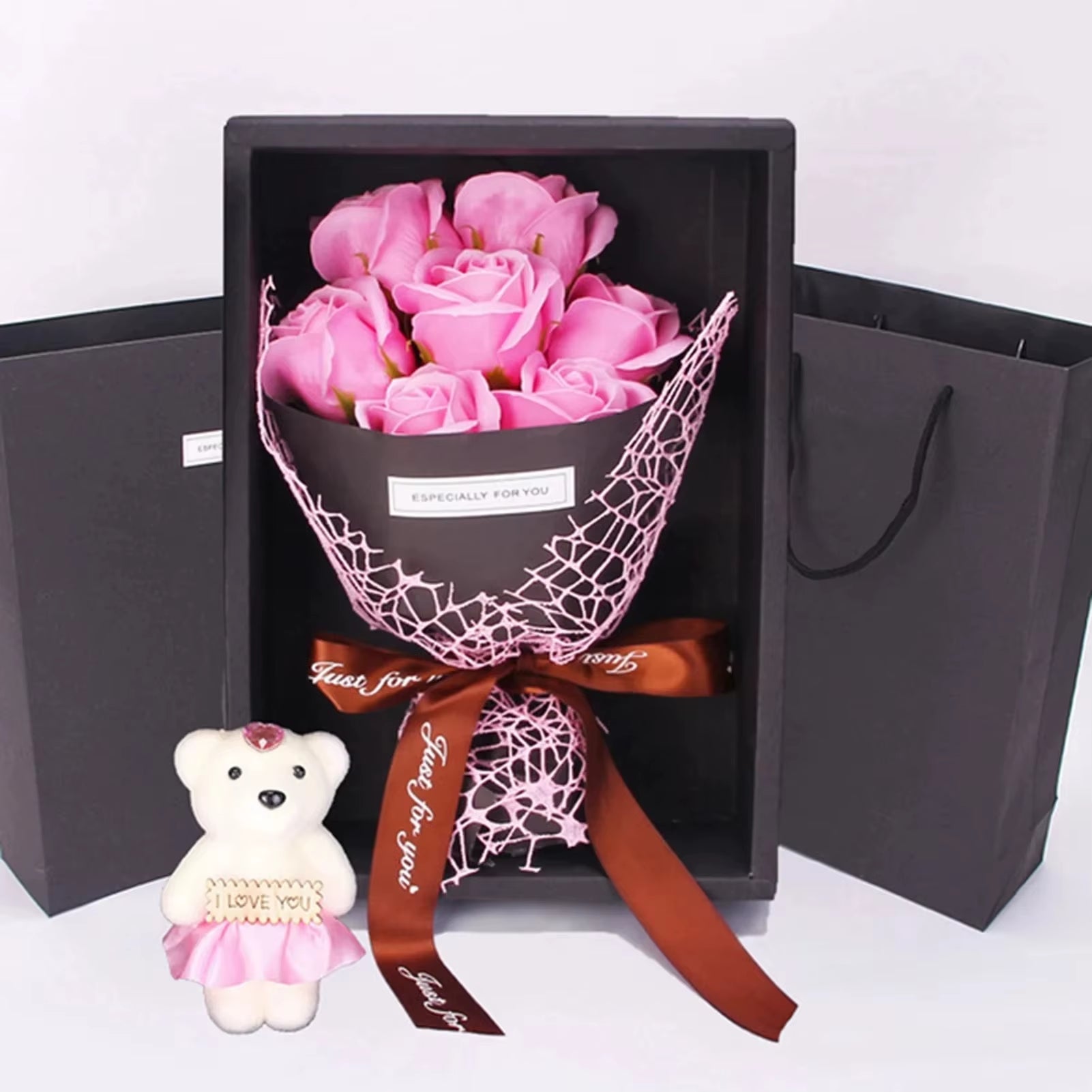 Valentine'S Day Artificial Flowers 7 Rose Soap Bouquet Gift Box Teddy Bear Flower Creative Valentine'S Day Gift Home Decor