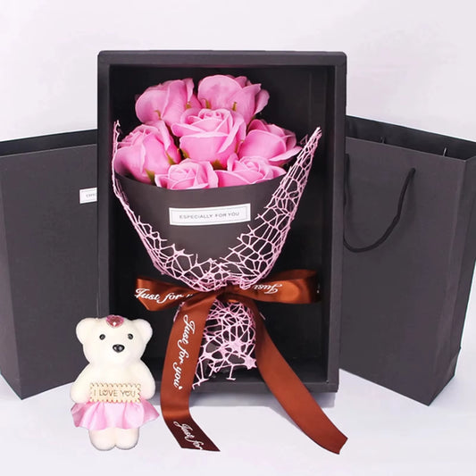 Valentine'S Day Artificial Flowers 7 Rose Soap Bouquet Gift Box Teddy Bear Flower Creative Valentine'S Day Gift Home Decor