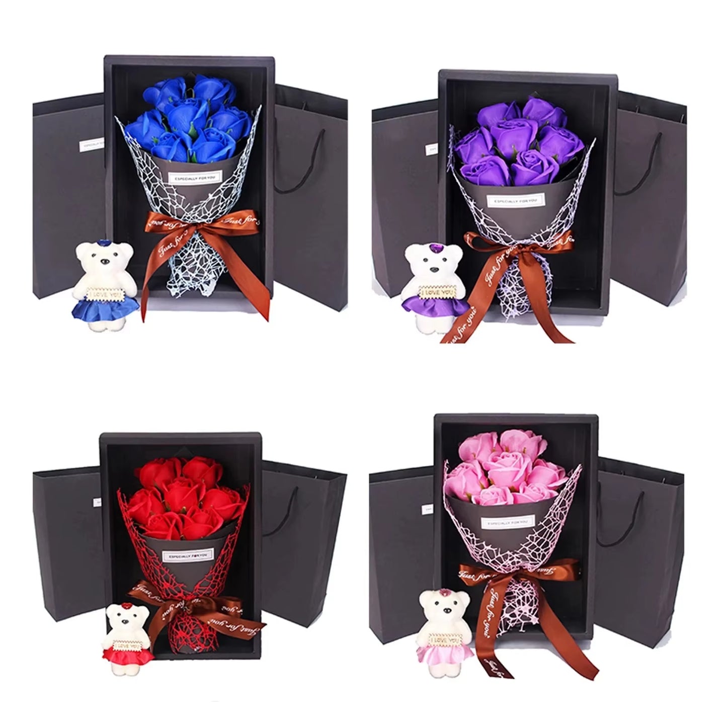 Valentine'S Day Artificial Flowers 7 Rose Soap Bouquet Gift Box Teddy Bear Flower Creative Valentine'S Day Gift Home Decor