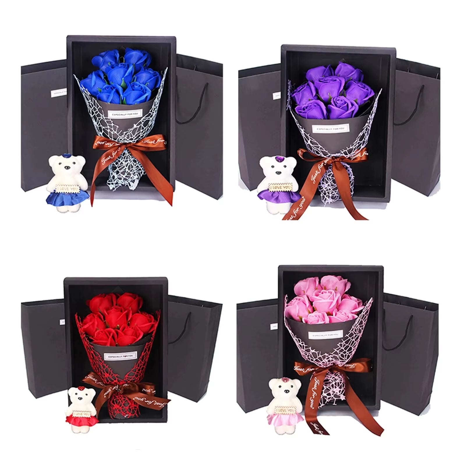 Valentine'S Day Artificial Flowers 7 Rose Soap Bouquet Gift Box Teddy Bear Flower Creative Valentine'S Day Gift Home Decor