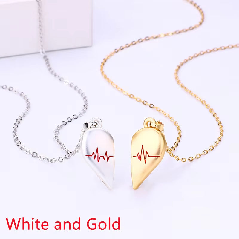 Good Simple Quality Couple Pendant Necklace Electrocardiogram,Magnetic Heart,Pendant Splicing Necklace Valentine'S Day Gift