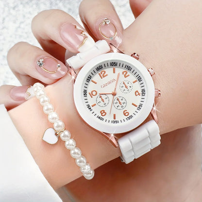 3/6PCS Women'S Watches Casual Silicone Band Analog Quartz Watch Heart Pearls Jewelry Set(Without Box)