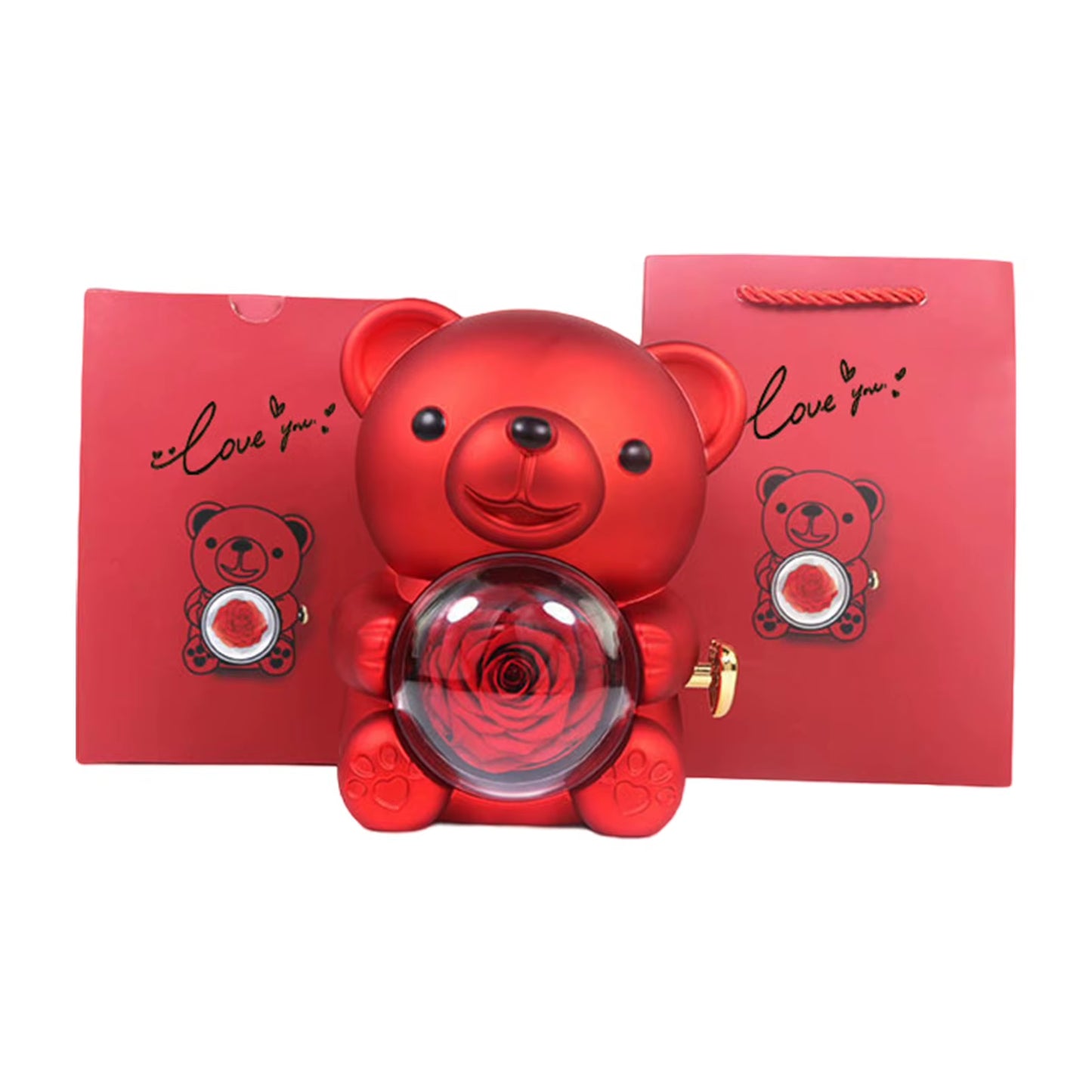 Custom Engraved Name Necklace Teddy Bear Eternal Rose Gift Box with Rotate Rose Jewelry Box for Girl Valentines Christmas Gifts