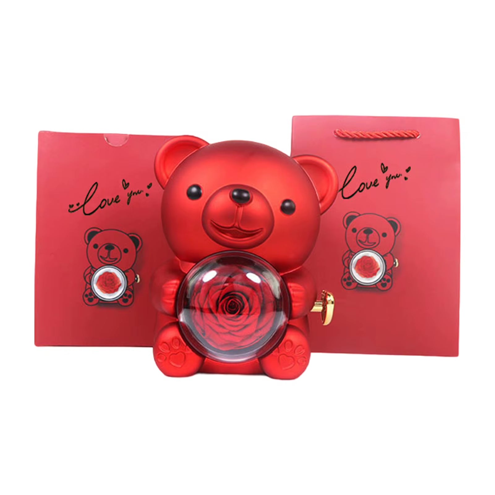 Custom Engraved Name Necklace Teddy Bear Eternal Rose Gift Box with Rotate Rose Jewelry Box for Girl Valentines Christmas Gifts