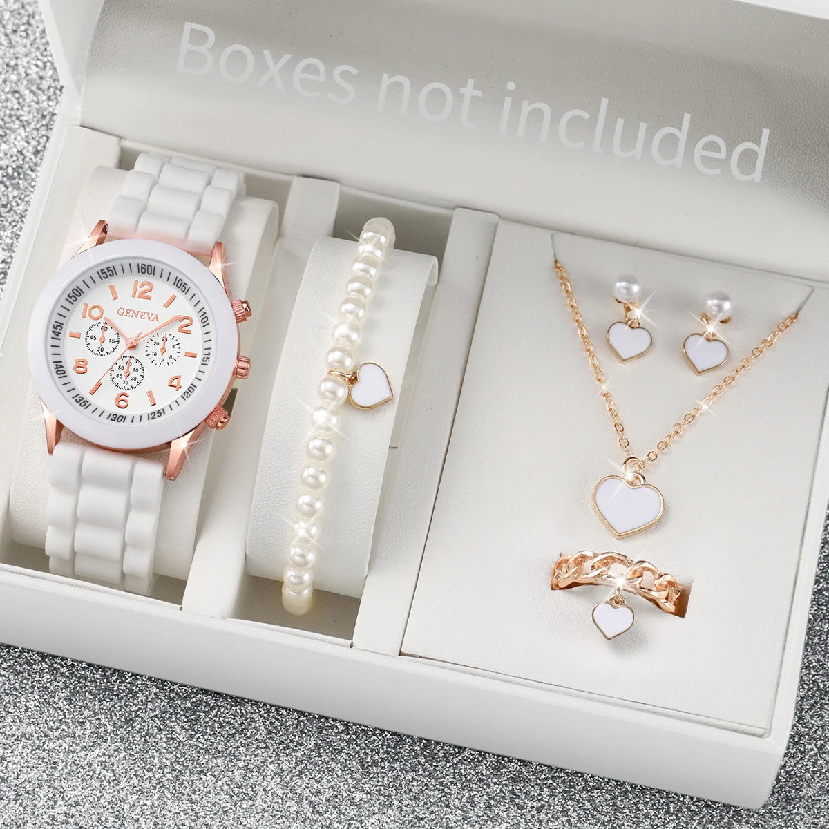 3/6PCS Women'S Watches Casual Silicone Band Analog Quartz Watch Heart Pearls Jewelry Set(Without Box)