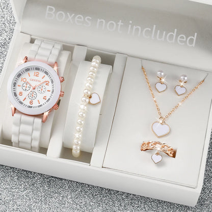 3/6PCS Women'S Watches Casual Silicone Band Analog Quartz Watch Heart Pearls Jewelry Set(Without Box)