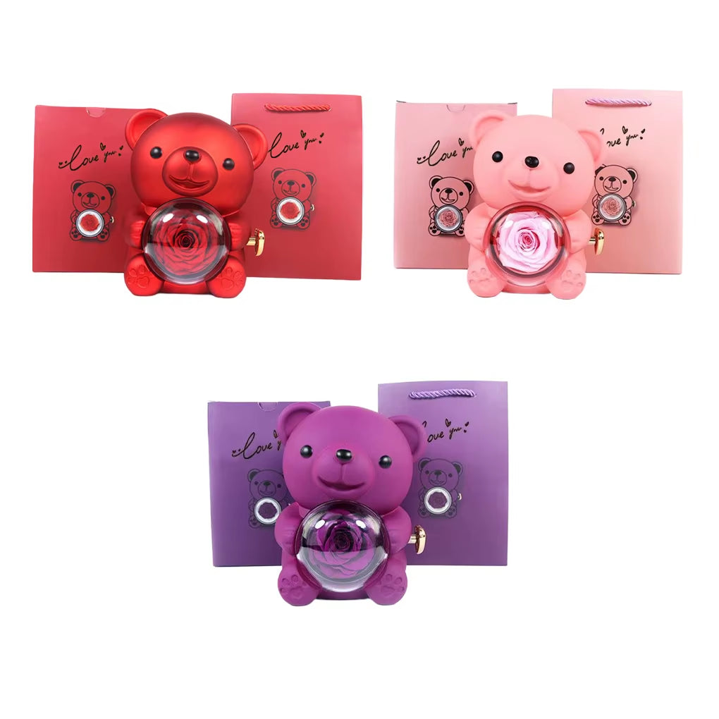 Custom Engraved Name Necklace Teddy Bear Eternal Rose Gift Box with Rotate Rose Jewelry Box for Girl Valentines Christmas Gifts