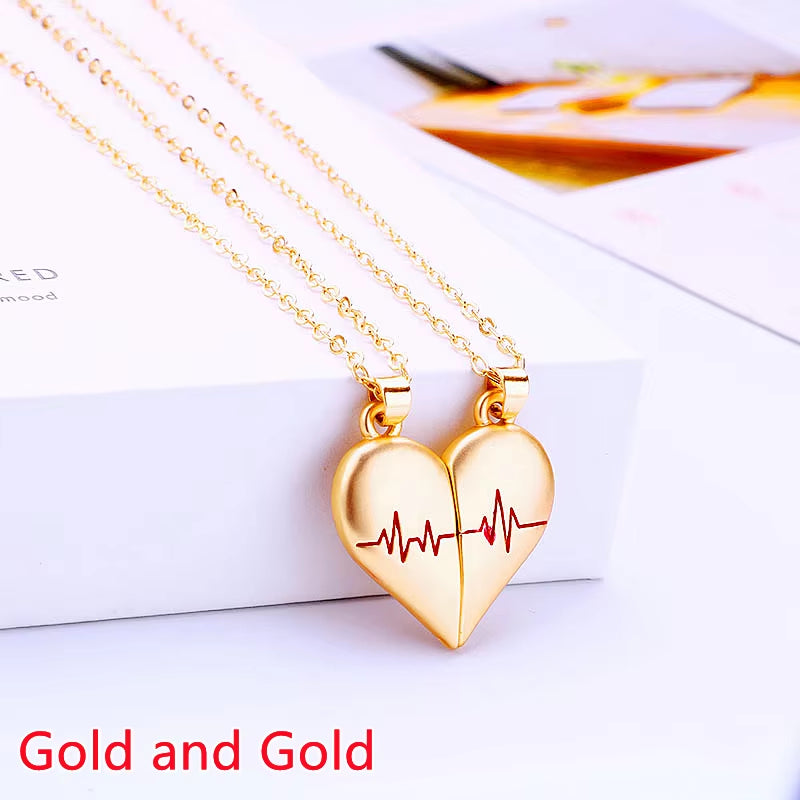 Good Simple Quality Couple Pendant Necklace Electrocardiogram,Magnetic Heart,Pendant Splicing Necklace Valentine'S Day Gift