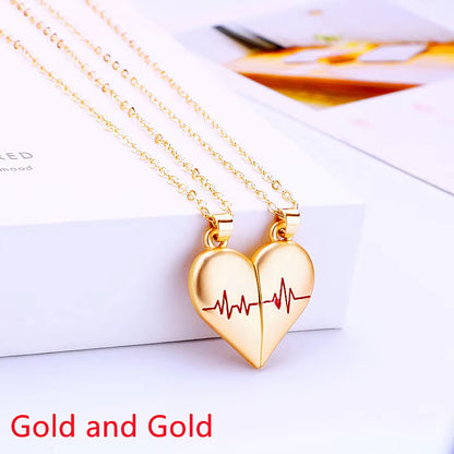 Good Simple Quality Couple Pendant Necklace Electrocardiogram,Magnetic Heart,Pendant Splicing Necklace Valentine'S Day Gift